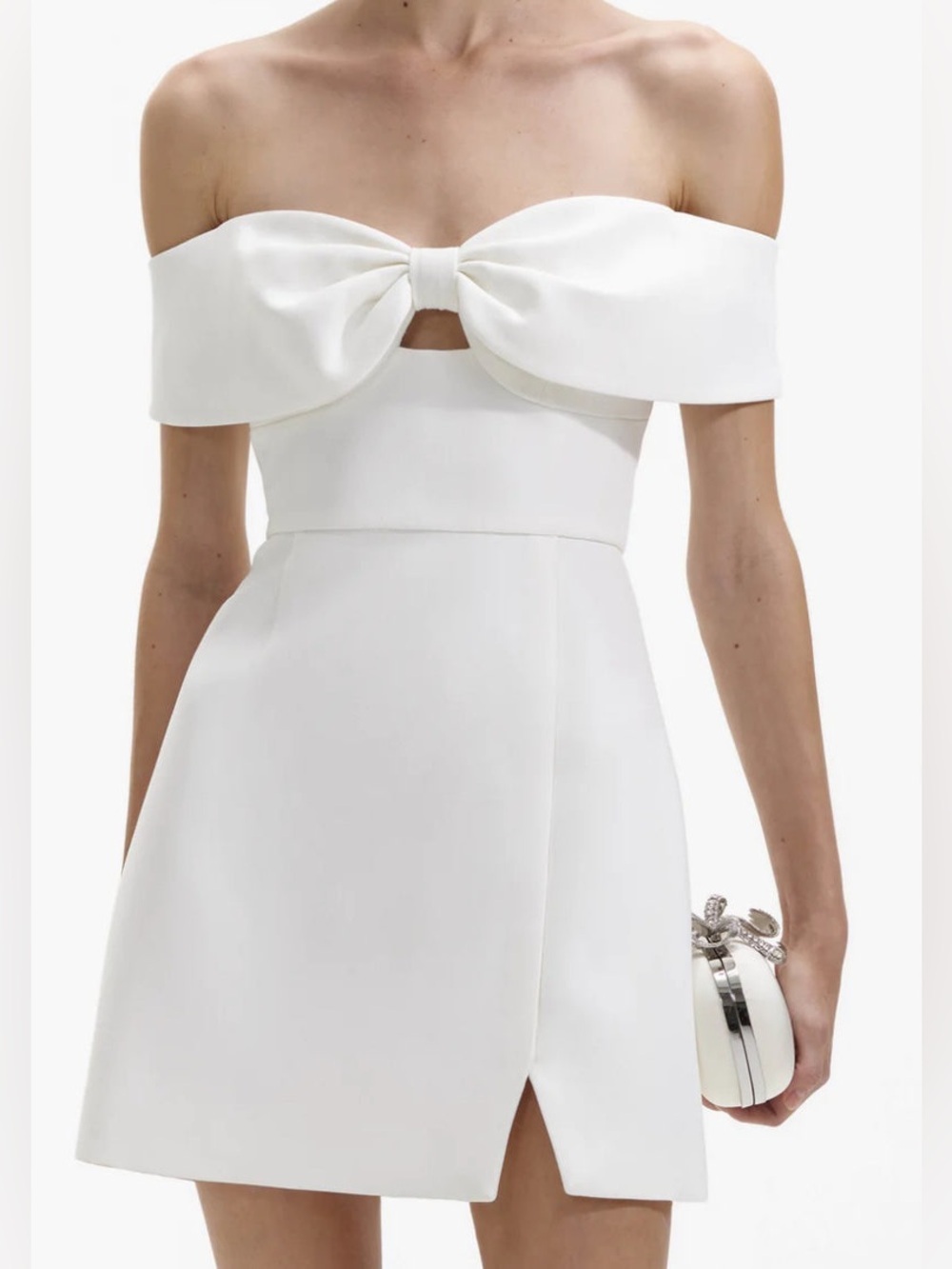 NWT Self-Portrait White Crepe Bow Mini Dress Off Shoulder Sz 8